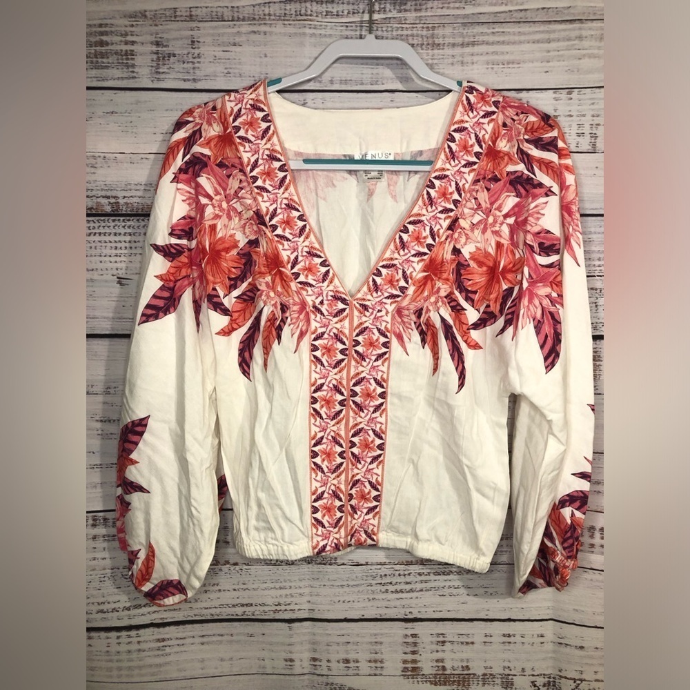 VENUS cream and pink embellished relaxed linen blouse